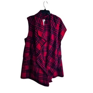 Le Moda Fleece Vest XL-XXL Red Black Plaid Draped Open Front Pockets Women